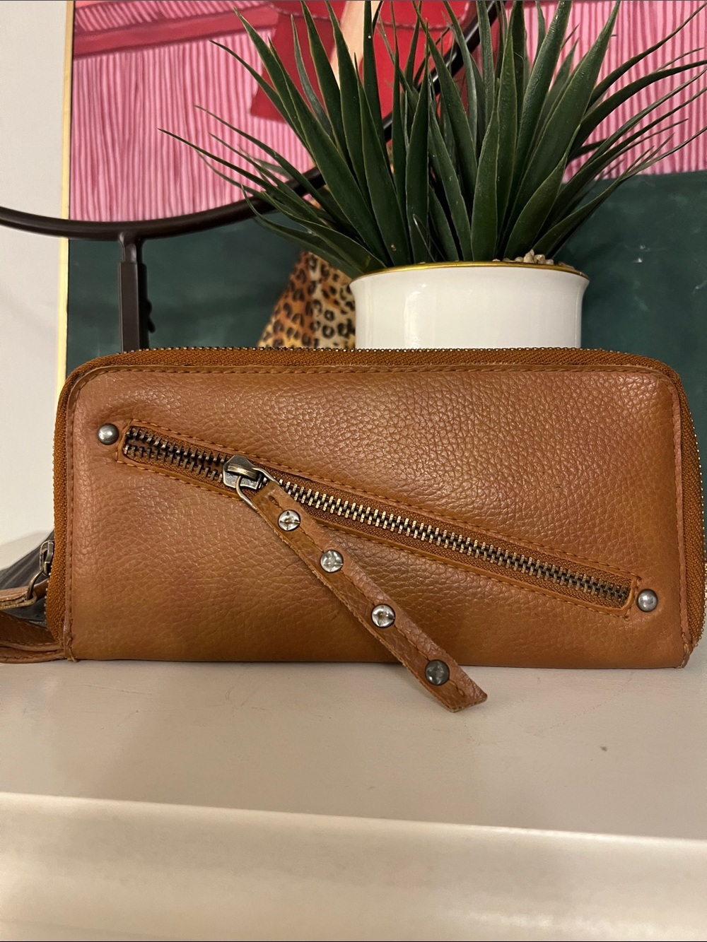 Free People Cognac Brown Began Leather Zip Wallet